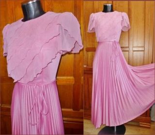 Vtg 70s Mauve Rose Silky Accordion Pleat Chiffon Ruffle Boho Evening Maxi Dress