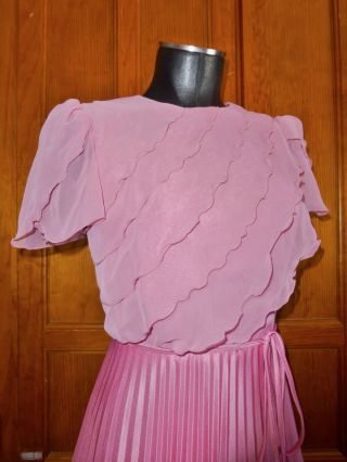 Vtg 70s Mauve Rose Silky Accordion Pleat Chiffon Ruffle Boho Evening Maxi DRESS 3
