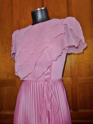 Vtg 70s Mauve Rose Silky Accordion Pleat Chiffon Ruffle Boho Evening Maxi DRESS 6