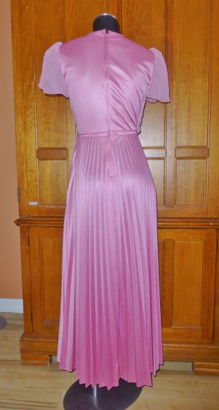 Vtg 70s Mauve Rose Silky Accordion Pleat Chiffon Ruffle Boho Evening Maxi DRESS 7