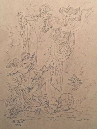Benjamin West Old Master Signed 1803 Orig Drawing Nude Goddess Angels Swans Rare