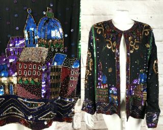 Vintage 80s Sequin Bead 2xl 2x Together City Village Scene Silk Novelty Jacket