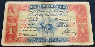 Egypt 1 Pounds 1924 Camel Banknote.  Hornsby Sign.  Prefix H/19.  Rare