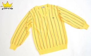 Vintage Logo 80’s Lacoste Thin Striped Yellow Wool Blend Men Jumper Sweater Sz L