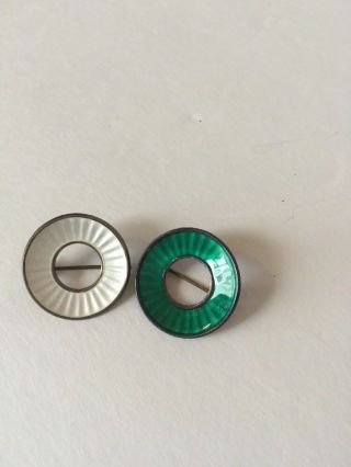 Norwegian Pair Sterling Silver Enamel Circle Pin Einar Modahl Oslo Green White