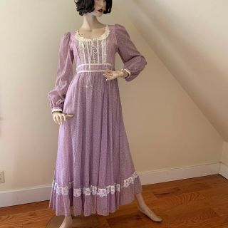 Vtg 1970s Gunne Sax Dress Violet Floral Sheer Calico Corset Lace Prairie Maxi 6