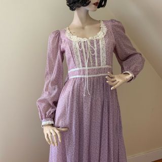 Vtg 1970s Gunne Sax Dress Violet Floral Sheer Calico Corset Lace Prairie Maxi 7