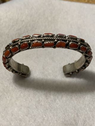 Vintage Native American Heavy Cast Sterling Silver & Coral Cuff Bracelet