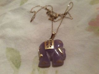 Vintage 14ct Gold And Carved Lavender Jade Pretty Elephant Pendant 5.  8 G