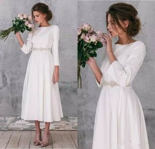 Simple Long Sleeve Soft Satin Wedding Dresses Vintage Tea Length Bridal Gown