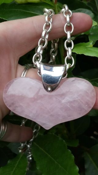 Reserved For Vanessa Heavy Vintage Rose Quartz Heart & Solid Silver Necklace