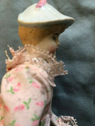 1890 ' s Bonnet Head Doll Blue Hat with Pink Bow and Molded Blouse with Gold 3