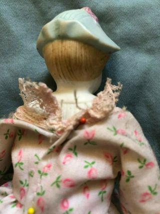 1890 ' s Bonnet Head Doll Blue Hat with Pink Bow and Molded Blouse with Gold 4