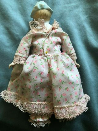 1890 ' s Bonnet Head Doll Blue Hat with Pink Bow and Molded Blouse with Gold 7