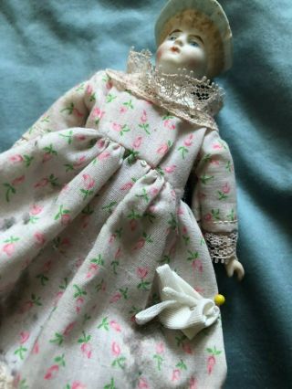 1890 ' s Bonnet Head Doll Blue Hat with Pink Bow and Molded Blouse with Gold 8