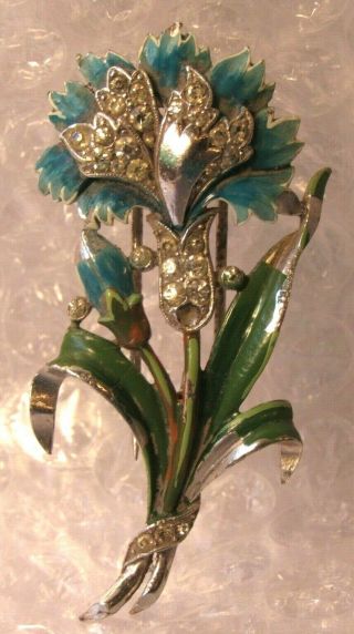 Vtg Crown Trifari Alfred Philippe Enamel Flower Fur Clip Pin Rhinestones