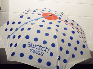 Vintage Swatch Watch Umbrella - White With Blue Polka Dots - Very Rare -