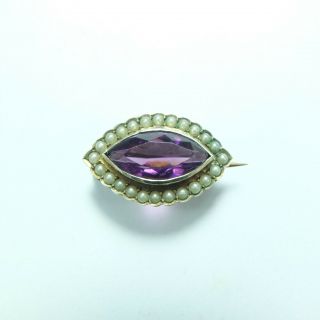 Antique Victorian Silver & Seed Pearl Amethyst Paste Brooch Marked REAL SILV 2
