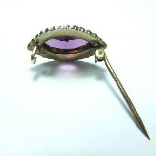 Antique Victorian Silver & Seed Pearl Amethyst Paste Brooch Marked REAL SILV 7