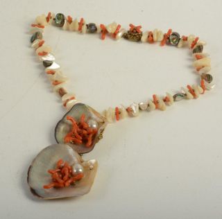 Rare Signed Miriam Haskell Baroque Pearl Shell Coral Necklace Jewelry Vintage