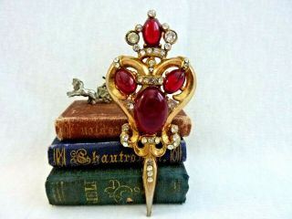Vintage 1960s Red Fleur De Lis Royal Glass Cabochon & Rhinestone Pin Brooch