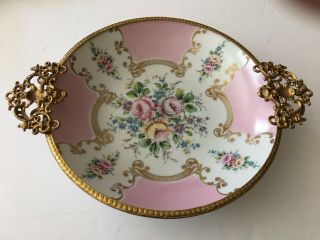 Vintage Round Porcelain Floral Peint Main Limoge Bowl Pink/gilt Ormalu Frame