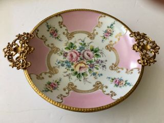 Vintage Round Porcelain Floral Peint Main Limoge Bowl Pink/Gilt Ormalu Frame 6