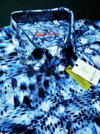 Robert Graham Abstract Paintwork Print Vtg Blue Short - Sleeve Sport Shirts Large 2