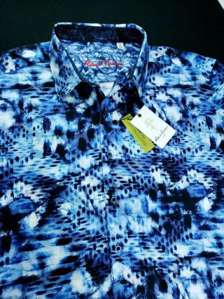 Robert Graham Abstract Paintwork Print Vtg Blue Short - Sleeve Sport Shirts Large 5