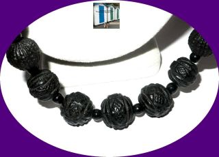 Silver ? Whitby Jet Carved Silver Black Bead Exquisite Mourning Love Necklace