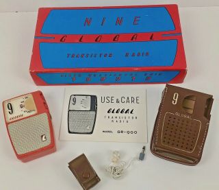 Vintage Global Gr - 900 9 Transistor Radio Red Body And Accessories