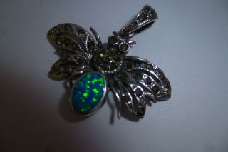 925 Sterling Silver Art Deco Style Marcasite Opal Butterfly Bug Bee Pendant