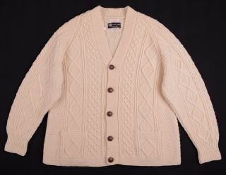 Vtg Saks Fifth Avenue Cream Chunky Hand Knit Wool Irish Cardigan Sweater M / L
