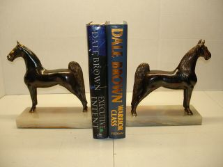 Vintage Bronze Tone Horse Bookends.  Marble Bases