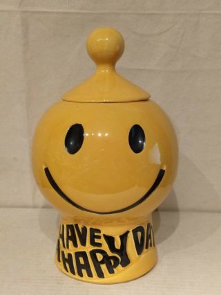 Vintage Mccoy Llc Art Pottery Smiley Face Have A Happy Day Cookie Jar 235 Usa 11