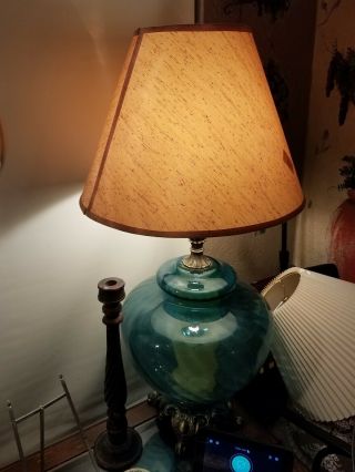 Vintage Mid Century Blue Glass 3 Way Table Lamp Light Mcm Retro Modern