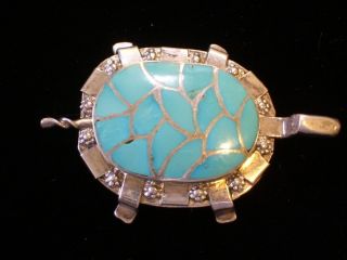 Vintage Zuni Hand Crafted Sterling Silver & Turquoise Turtle Signed Pin/pendant