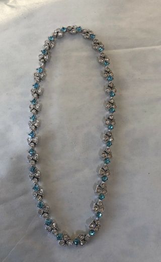 Vintage Bogoff Signed Clear & Blue Rhinestone Necklace Chocker 15”