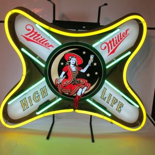 Miller High Life Beer Girl On The Moon Ribbon Rare Front & Back Lit Neon Sign