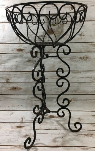 Vintage Wrought Iron Plant Stand Fancy Scroll With Basket Indoor Outdoor