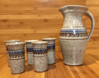 Vtg Signed Orig Mark Nafziger Salt Glaze Stoneware Pottery Pitcher And 5 Cups