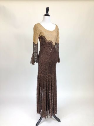 Gorgeous Vtg 1930s Bias Cut Two Tone Lace Dress S M