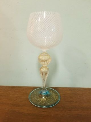 Vintage Venetian Murano Art Glass Goblet Retticello Gold Leaf 7 "