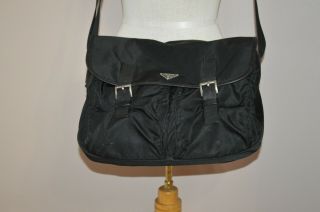 Authentic Vintage Prada Tessuto Black Nylon Leather Messenger Bag Logo 42 Ital