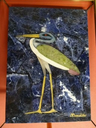 South American Vintage Stone Pietra Dura Mosaic Inlay Art Plaque Mosalite Heron