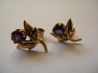 Rare Exquisite Hallmarked Vintage 1960s 9ct Gold Amethyst Flower Earrings - Vgc