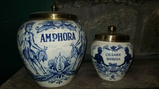 Vintage Amphora & Cesare Borgia Tobacco Jars Made In Holland.  Delft Blue