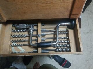 Vintage Russell Jennings Auger Hand Drill W/12 Drill Bits In Wood Box