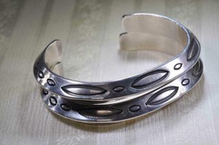 Vintage Navajo Nickel Silver Twin Cuff Bracelets Stamped Design 1960s 99.  6 G