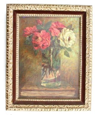 Vintage Oil Painting Of Roses In Vase Hollywood Regency Framed Oil Painting